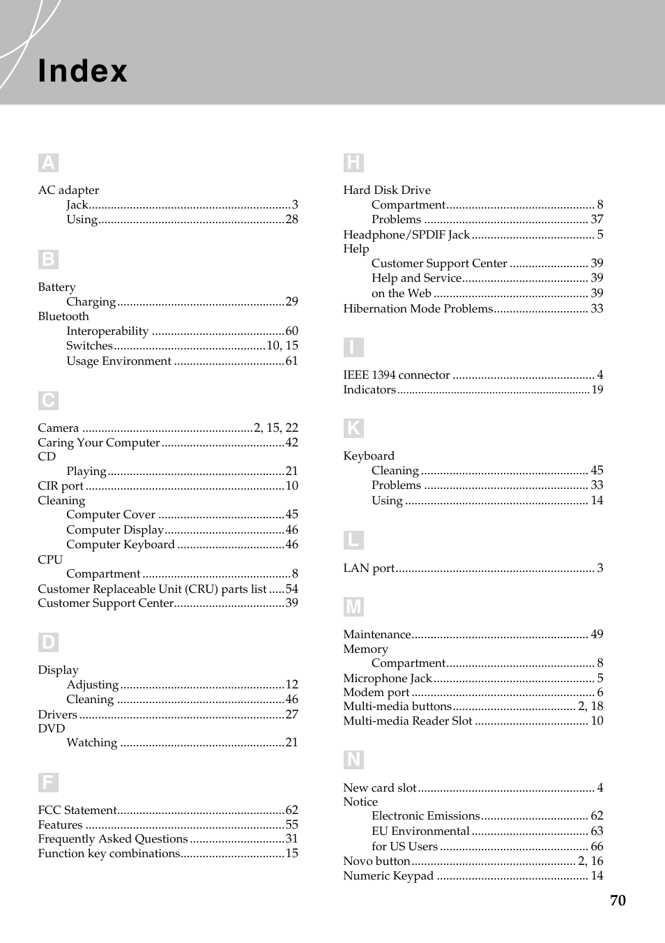 Index | Lenovo IdeaPad Y510 User Manual | Page 75 / 77