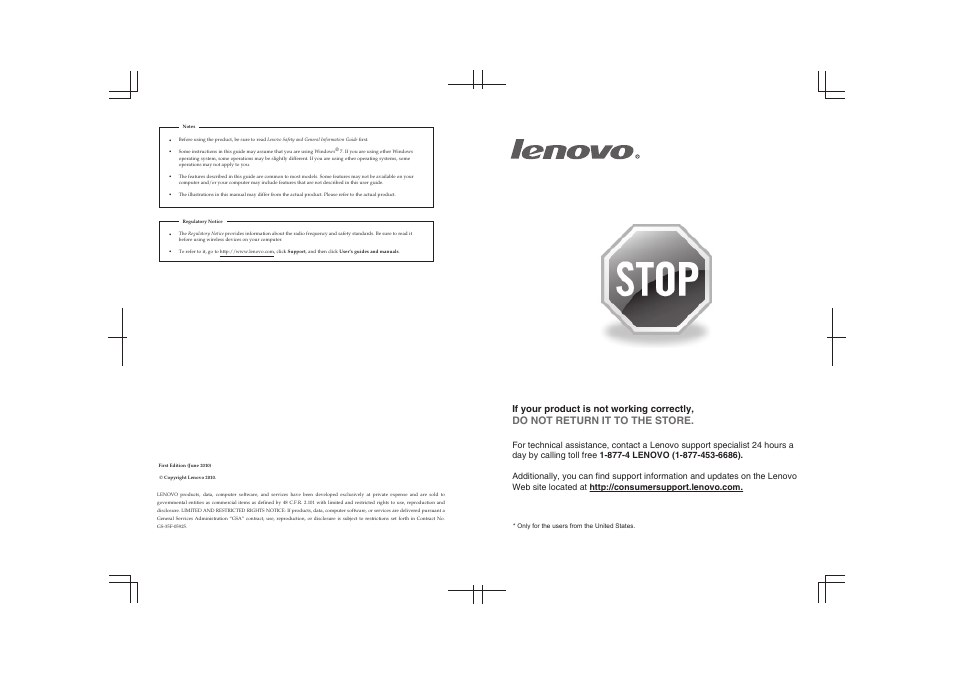 Do not return it to the store, If your product is not working correctly | Lenovo V560 Notebook User Manual | Page 2 / 60
