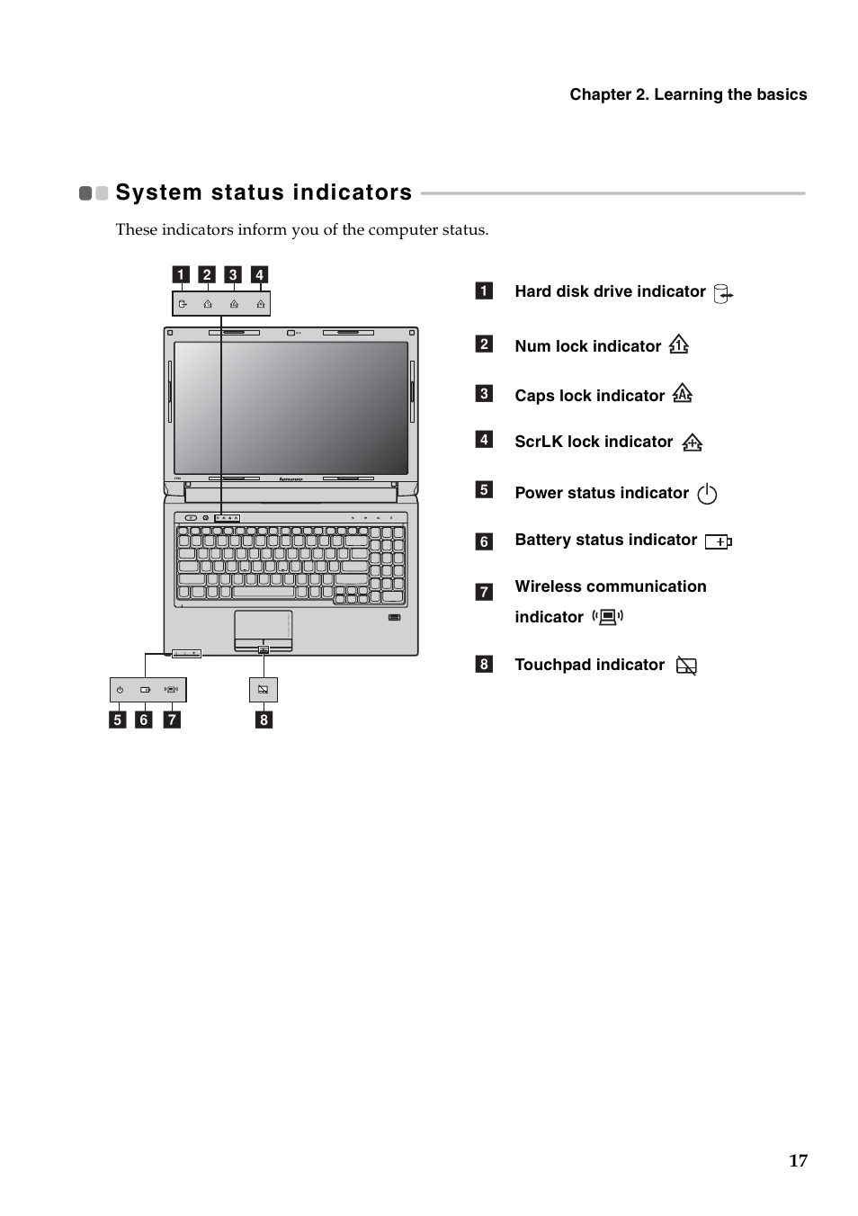 System status indicators | Lenovo V560 Notebook User Manual | Page 21 / 60