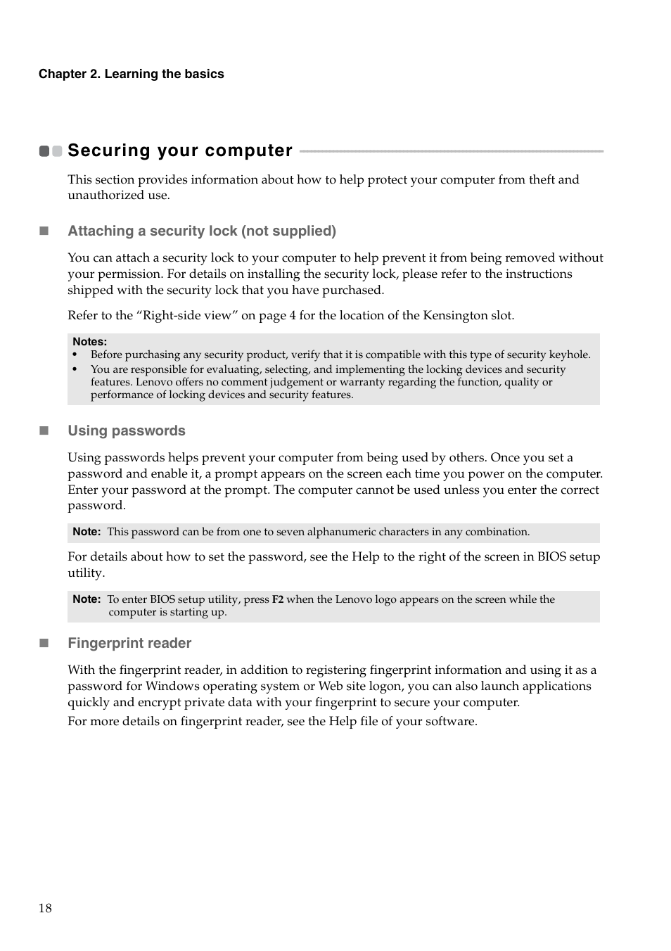 Securing your computer | Lenovo V560 Notebook User Manual | Page 22 / 60