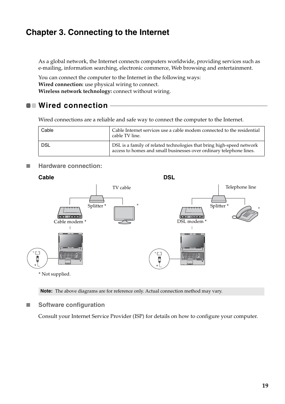 Chapter 3. connecting to the internet, Wired connection | Lenovo V560 Notebook User Manual | Page 23 / 60