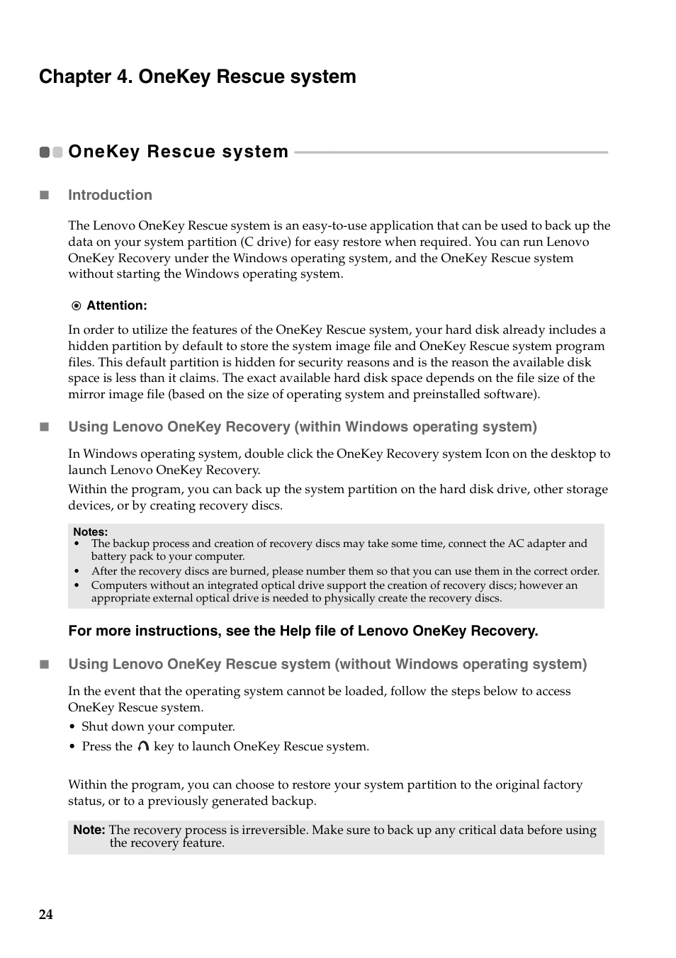 Chapter 4. onekey rescue system, Onekey rescue system | Lenovo V560 Notebook User Manual | Page 28 / 60