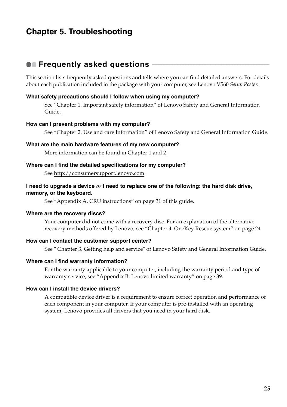 Chapter 5. troubleshooting, Frequently asked questions | Lenovo V560 Notebook User Manual | Page 29 / 60