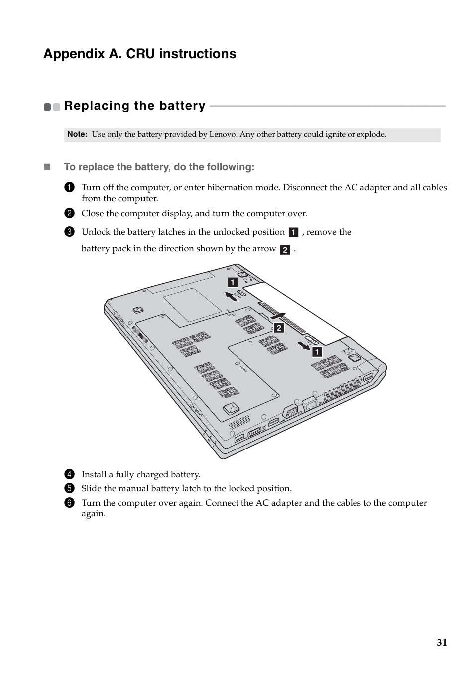 Appendix a. cru instructions, Replacing the battery | Lenovo V560 Notebook User Manual | Page 35 / 60