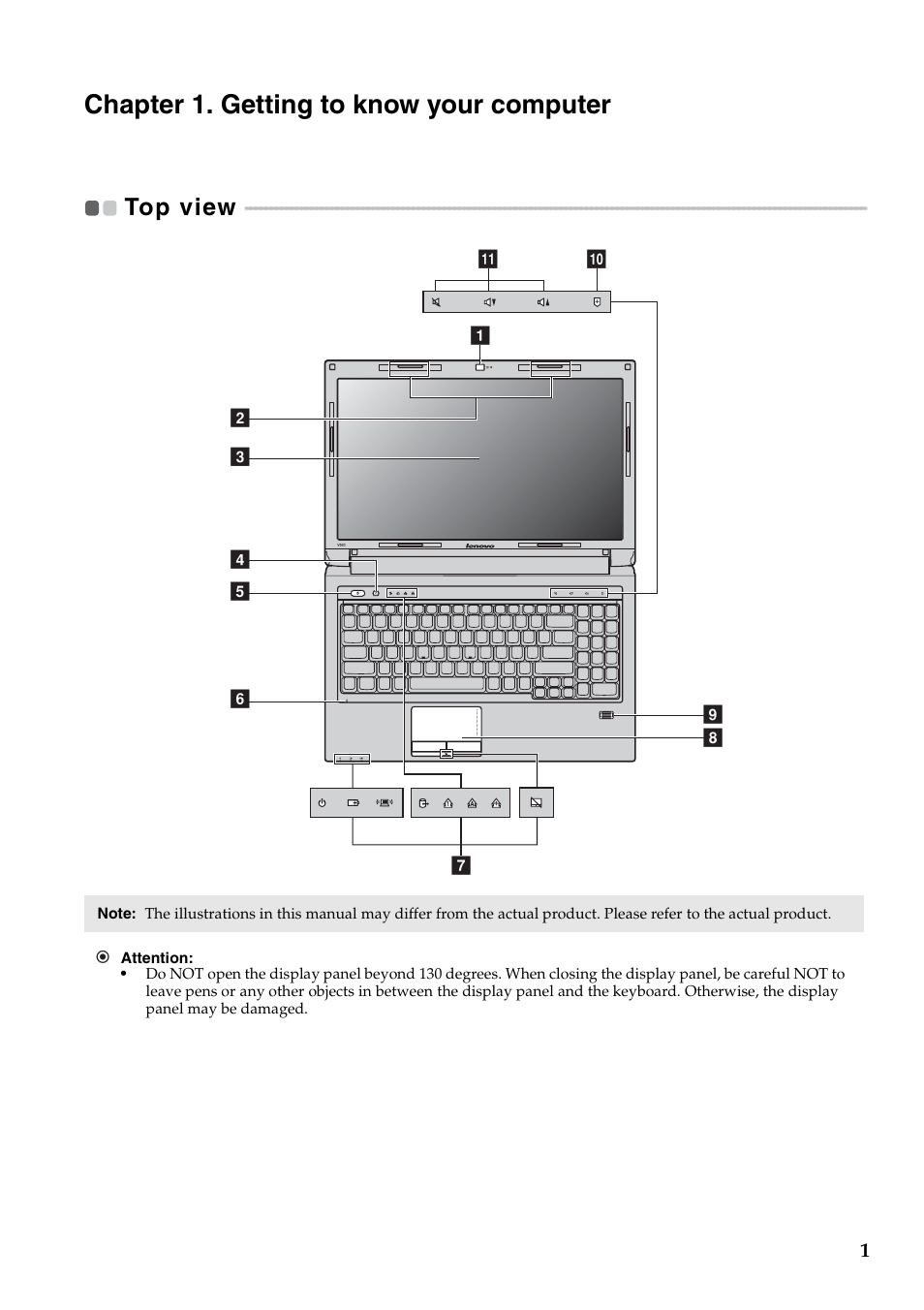 Chapter 1. getting to know your computer, Top view | Lenovo V560 Notebook User Manual | Page 5 / 60