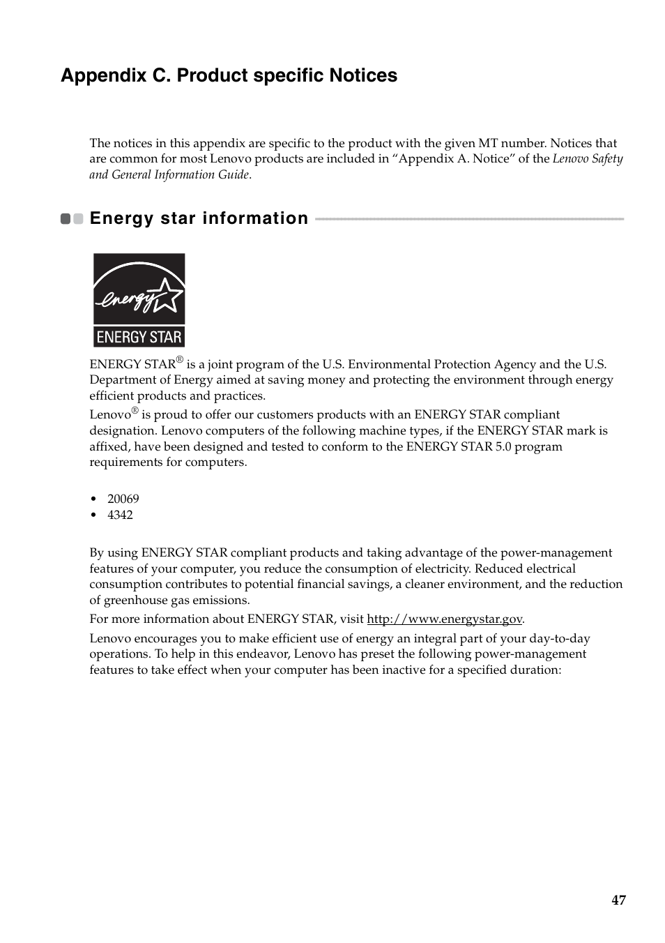 Appendix c. product specific notices, Energy star information | Lenovo V560 Notebook User Manual | Page 51 / 60