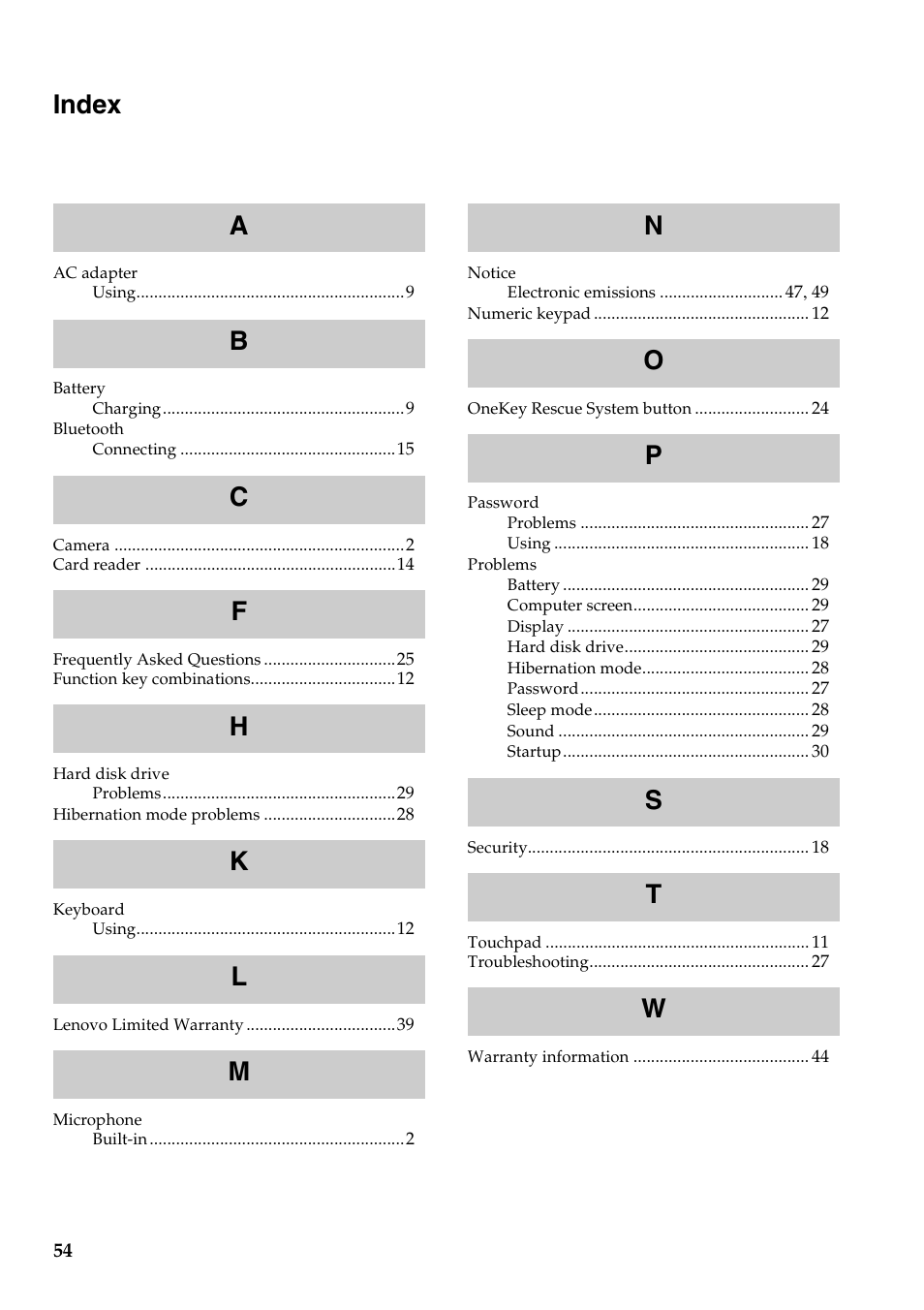 Index | Lenovo V560 Notebook User Manual | Page 58 / 60