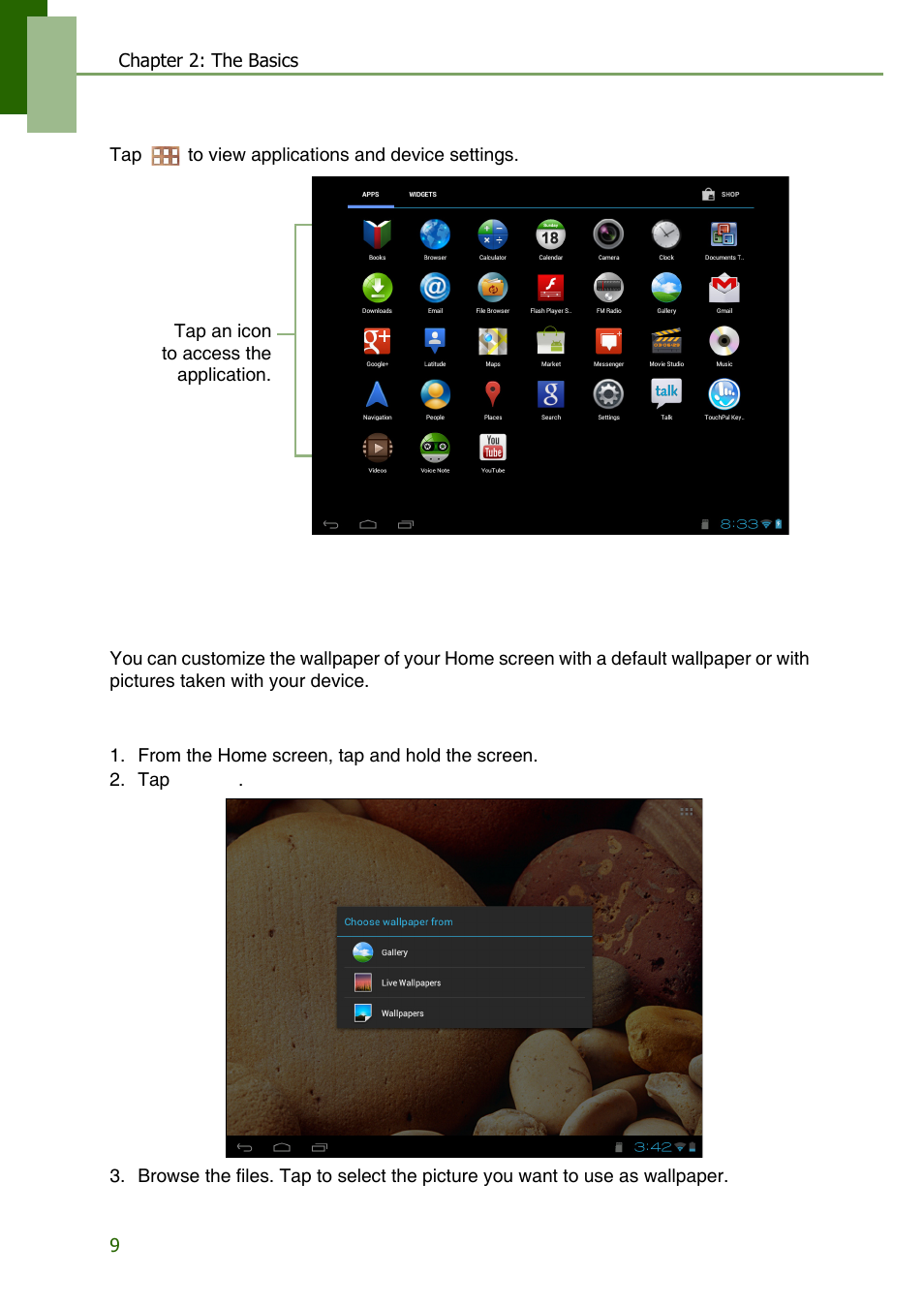 Applications, Setting wallpaper, Applications setting wallpaper | Lenovo S2109 Tablet User Manual | Page 12 / 56