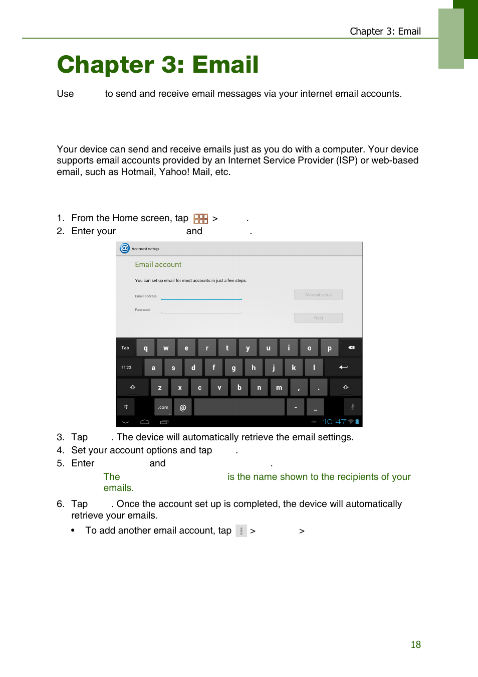 Chapter 3: email, 1 email accounts, Setting up an internet email account | Lenovo S2109 Tablet User Manual | Page 21 / 56