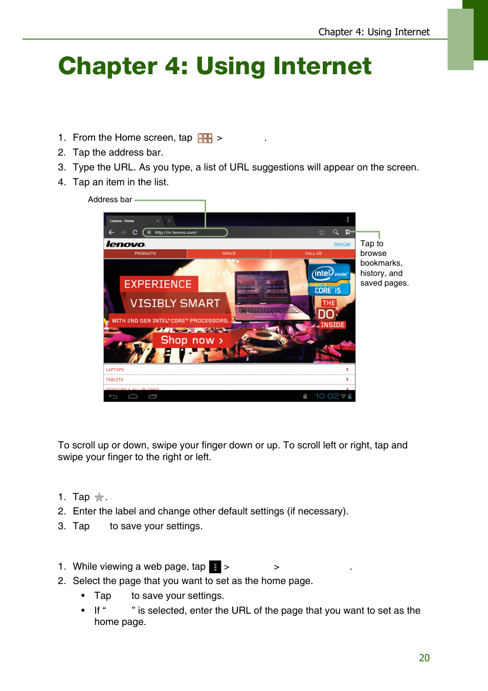 Chapter 4: using internet, 1 browsing web pages | Lenovo S2109 Tablet User Manual | Page 23 / 56