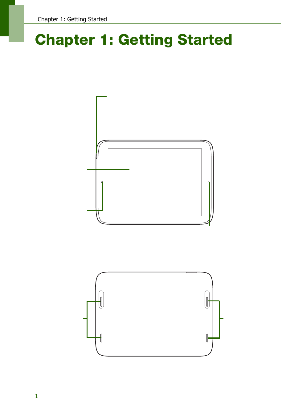 Chapter 1: getting started, 1 your device, Front | Back, Front back | Lenovo S2109 Tablet User Manual | Page 4 / 56