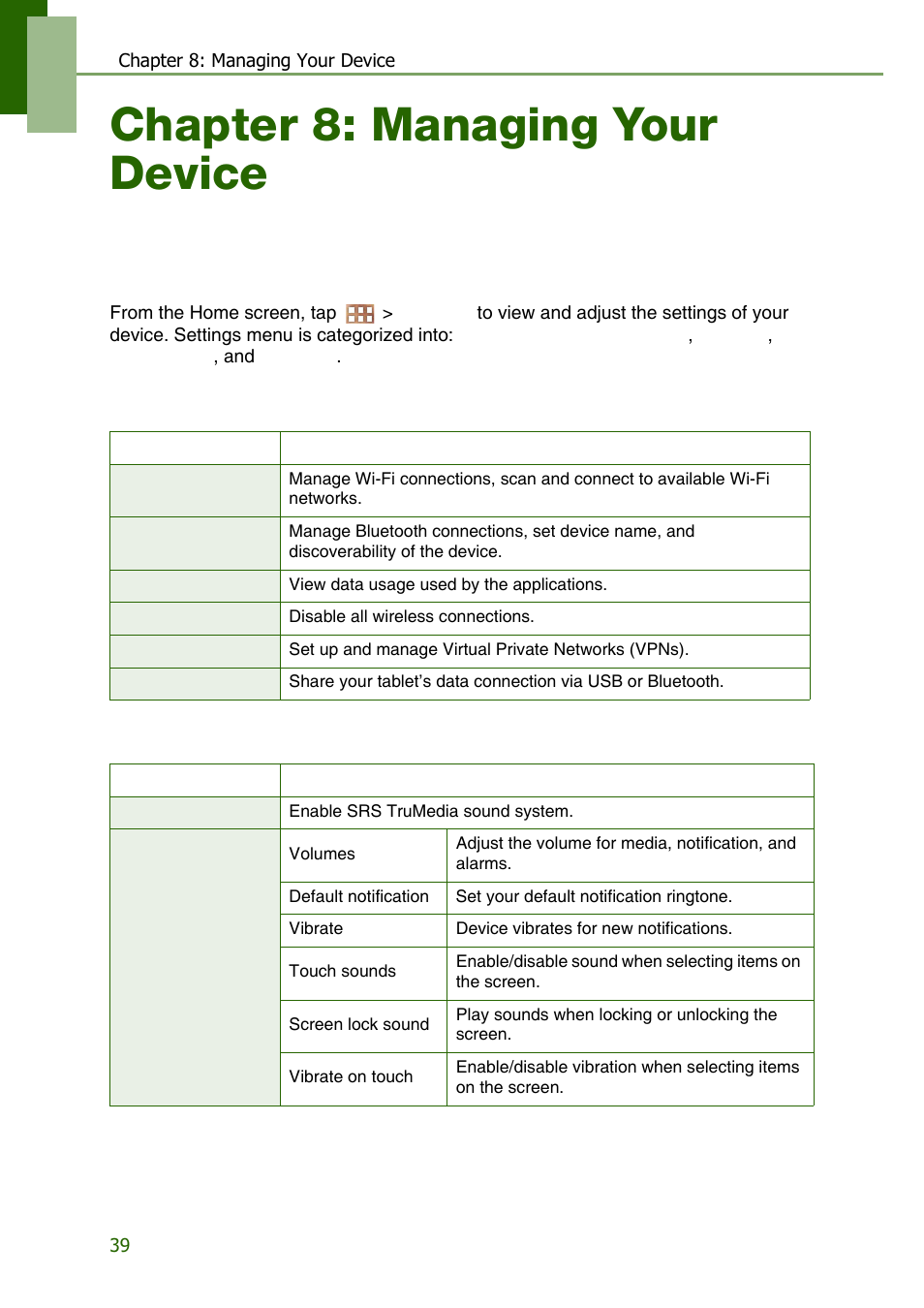 Chapter 8: managing your device, 1 device settings, Wireless & networks | Device, Wireless & networks device | Lenovo S2109 Tablet User Manual | Page 42 / 56