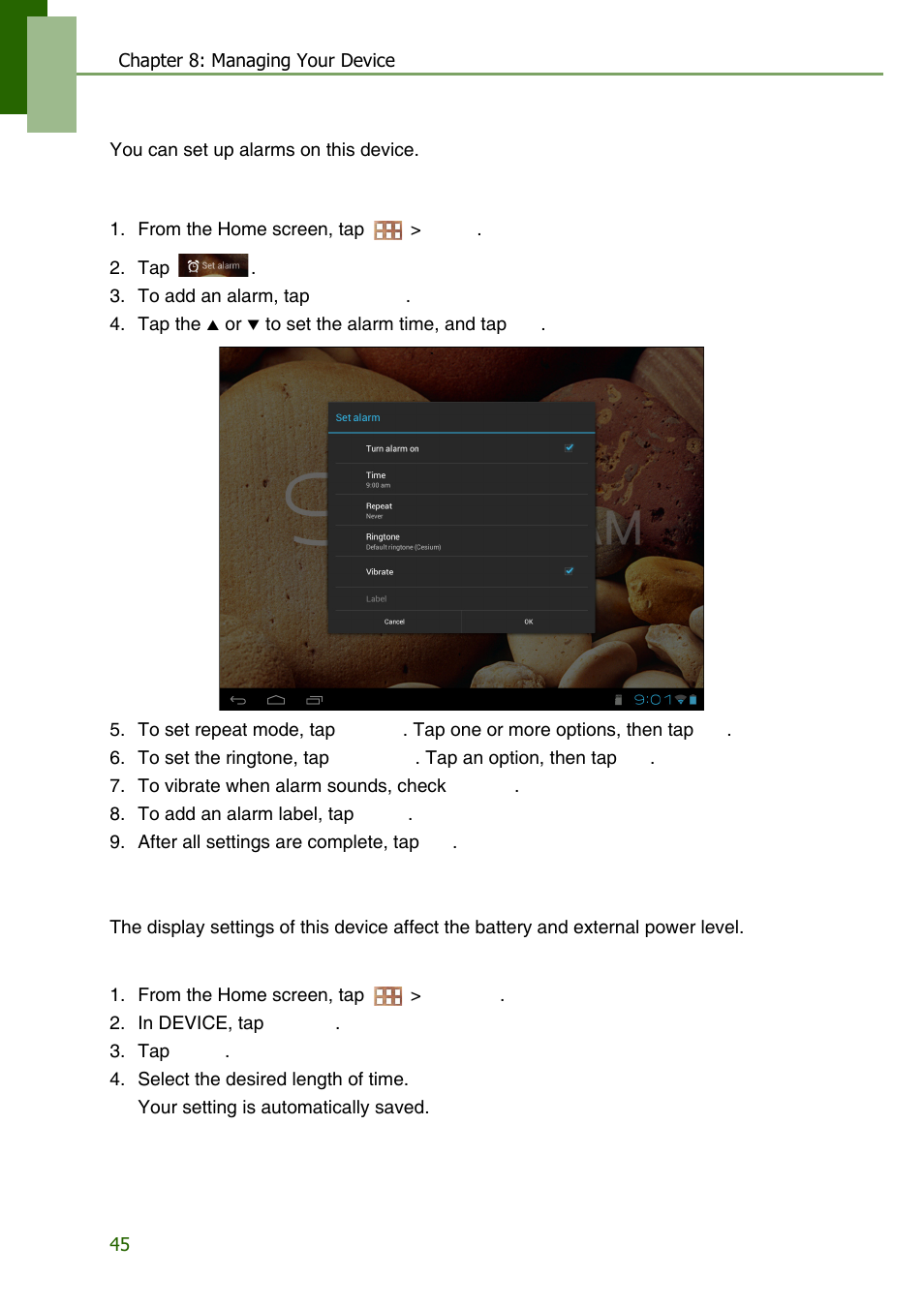 Alarms settings, Display settings, Alarms settings display settings | Lenovo S2109 Tablet User Manual | Page 48 / 56