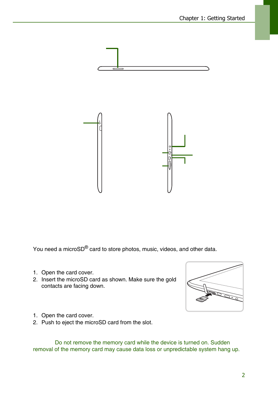 Side, 2 installing memory card, Top side | Lenovo S2109 Tablet User Manual | Page 5 / 56