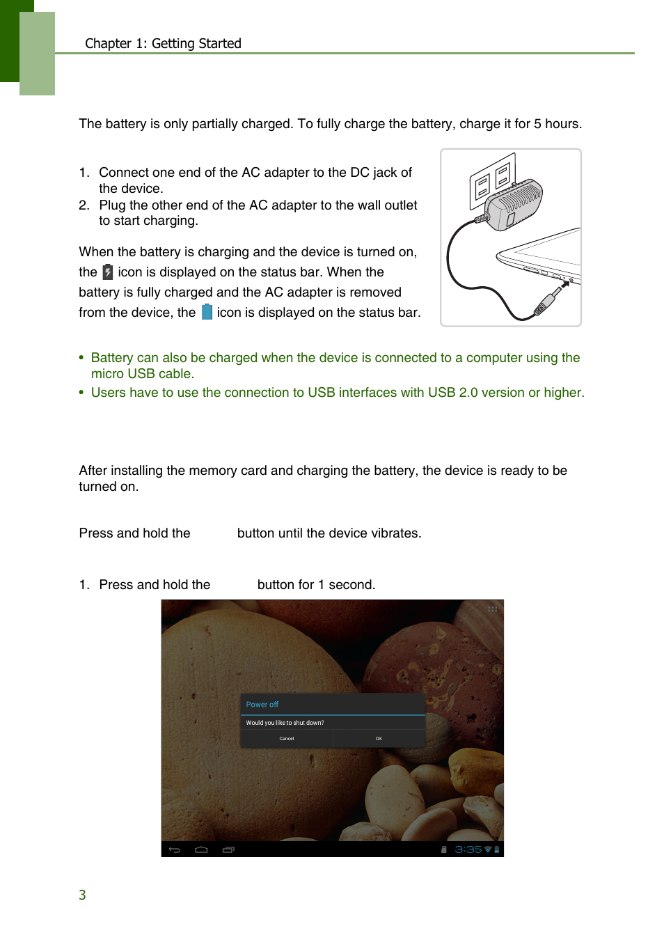 3 charging the battery, 4 turning the device on or off | Lenovo S2109 Tablet User Manual | Page 6 / 56