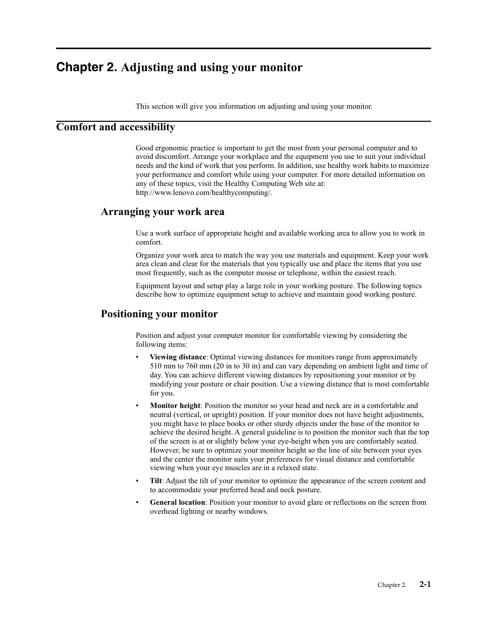 Chapter 2. adjusting and using your monitor, Comfort and accessibility, Arranging your work area | Positioning your monitor, Comfort and accessibility -1 | Lenovo LI2821 Wide LCD Monitor User Manual | Page 15 / 40