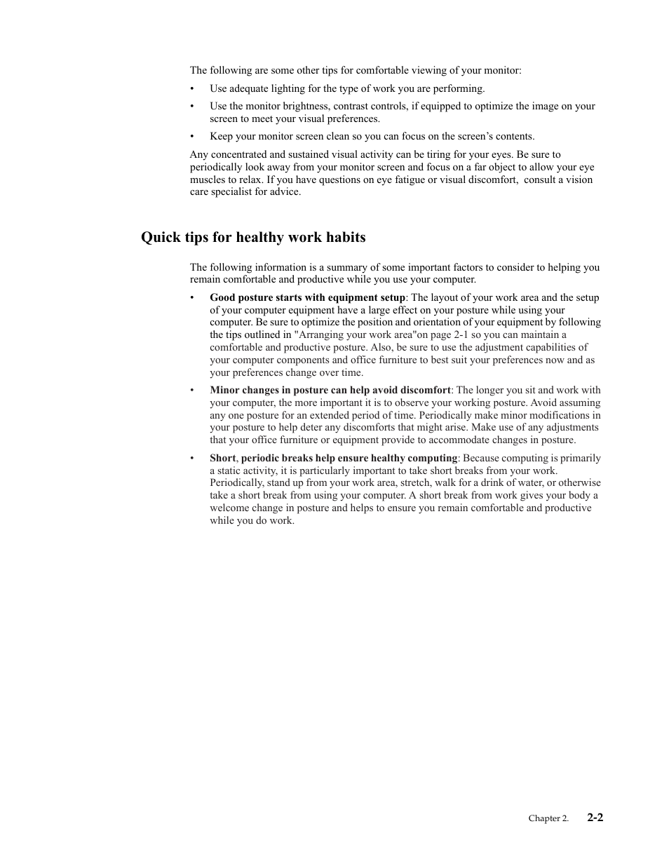 Quick tips for healthy work habits, Quick tips for healthy work habits -2 | Lenovo LI2821 Wide LCD Monitor User Manual | Page 16 / 40