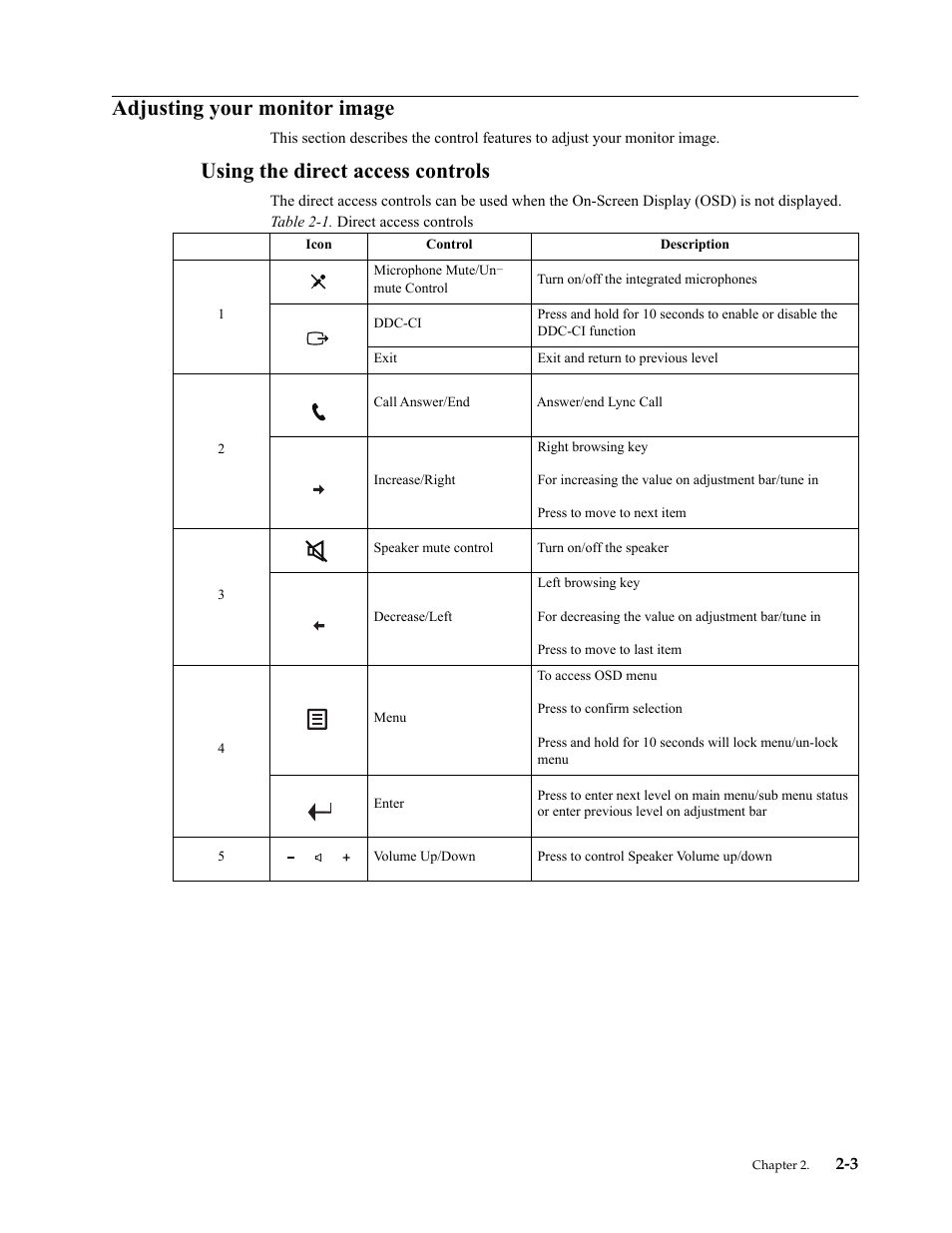 Adjusting your monitor image, Using the direct access controls, Using the direct access controls -3 | Lenovo LI2821 Wide LCD Monitor User Manual | Page 17 / 40