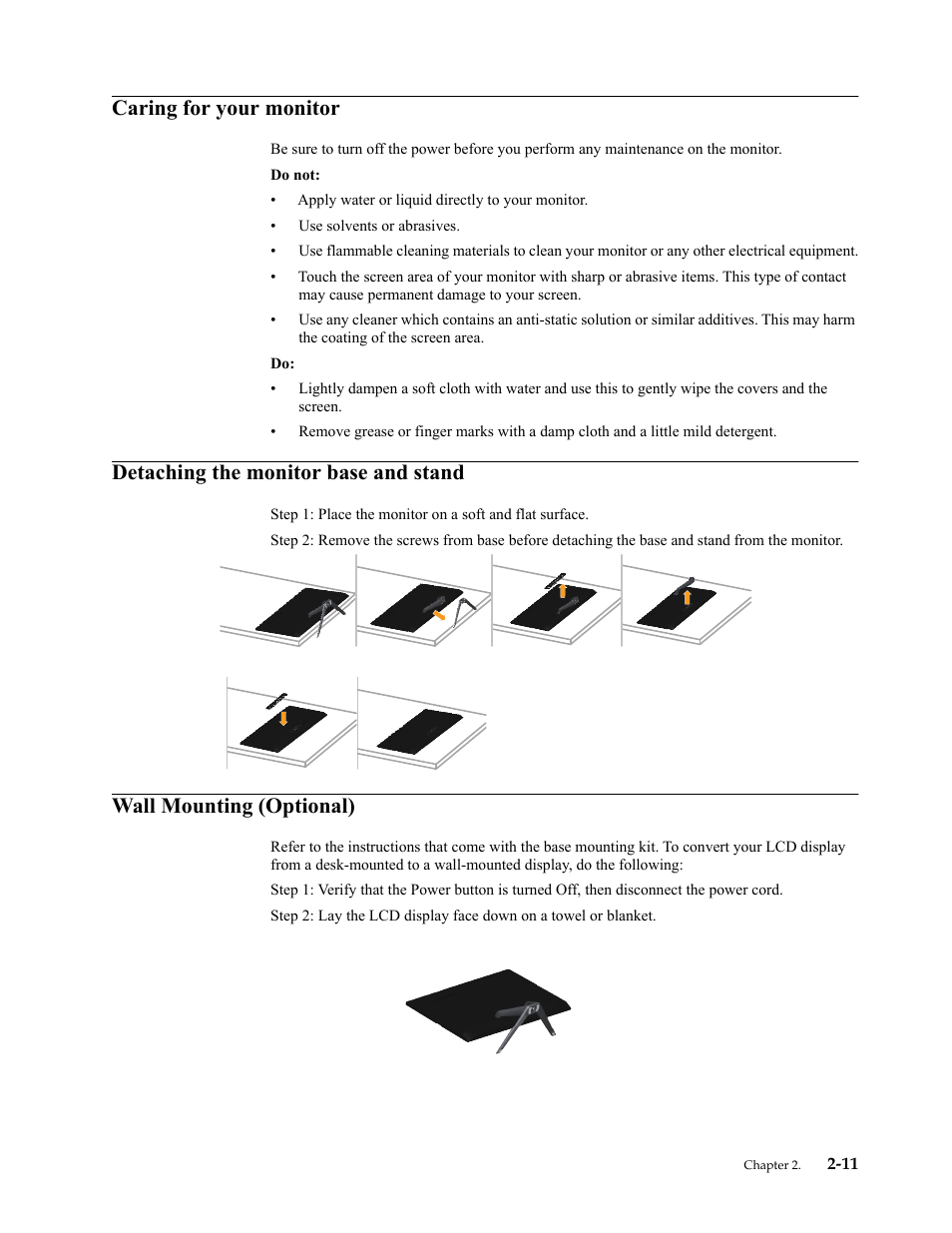 Caring for your monitor, Detaching the monitor base and stand, Wall mounting (optional) | Detaching the monitor base and stand -1, Wall mounting (optional) -1 | Lenovo LI2821 Wide LCD Monitor User Manual | Page 25 / 40