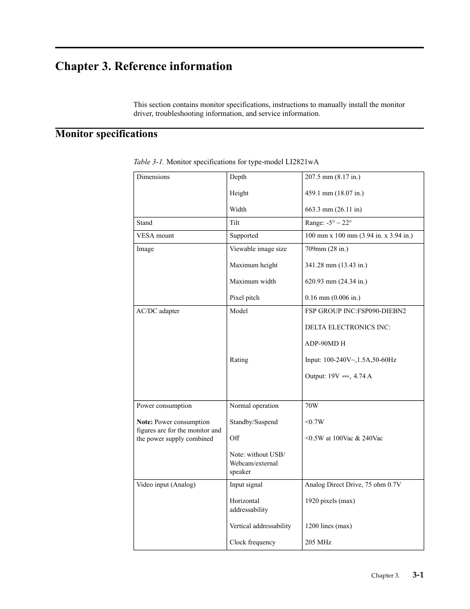 Chapter 3. reference information, Monitor specifications, Chapter 3. reference information -1 | Monitor specifications -1 | Lenovo LI2821 Wide LCD Monitor User Manual | Page 27 / 40
