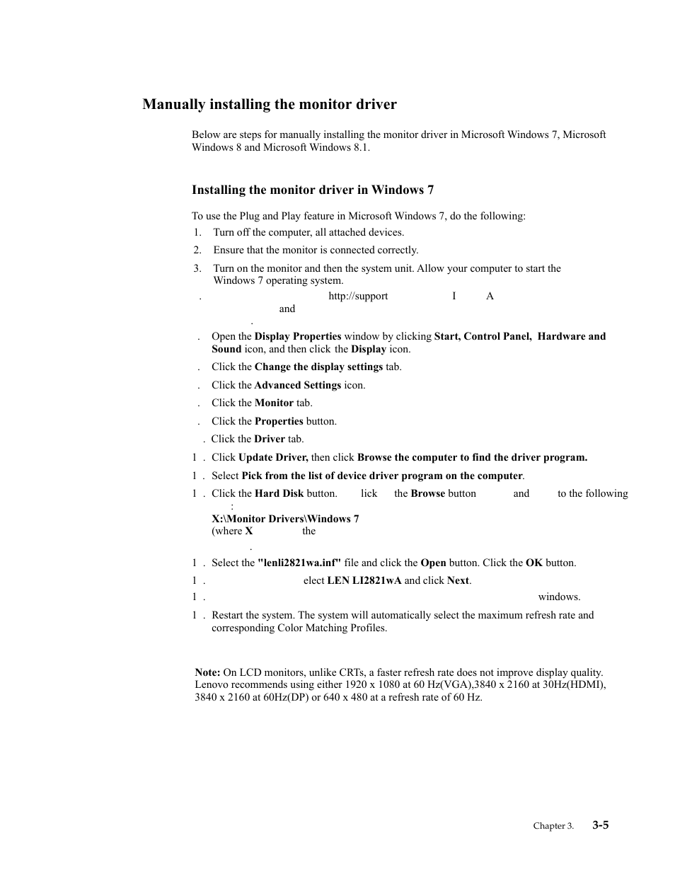 Manually installing the monitor driver, Installing the monitor driver in windows 7, Manually installing the monitor driver -5 | Installing the monitor driver in windows 7 -5 | Lenovo LI2821 Wide LCD Monitor User Manual | Page 31 / 40