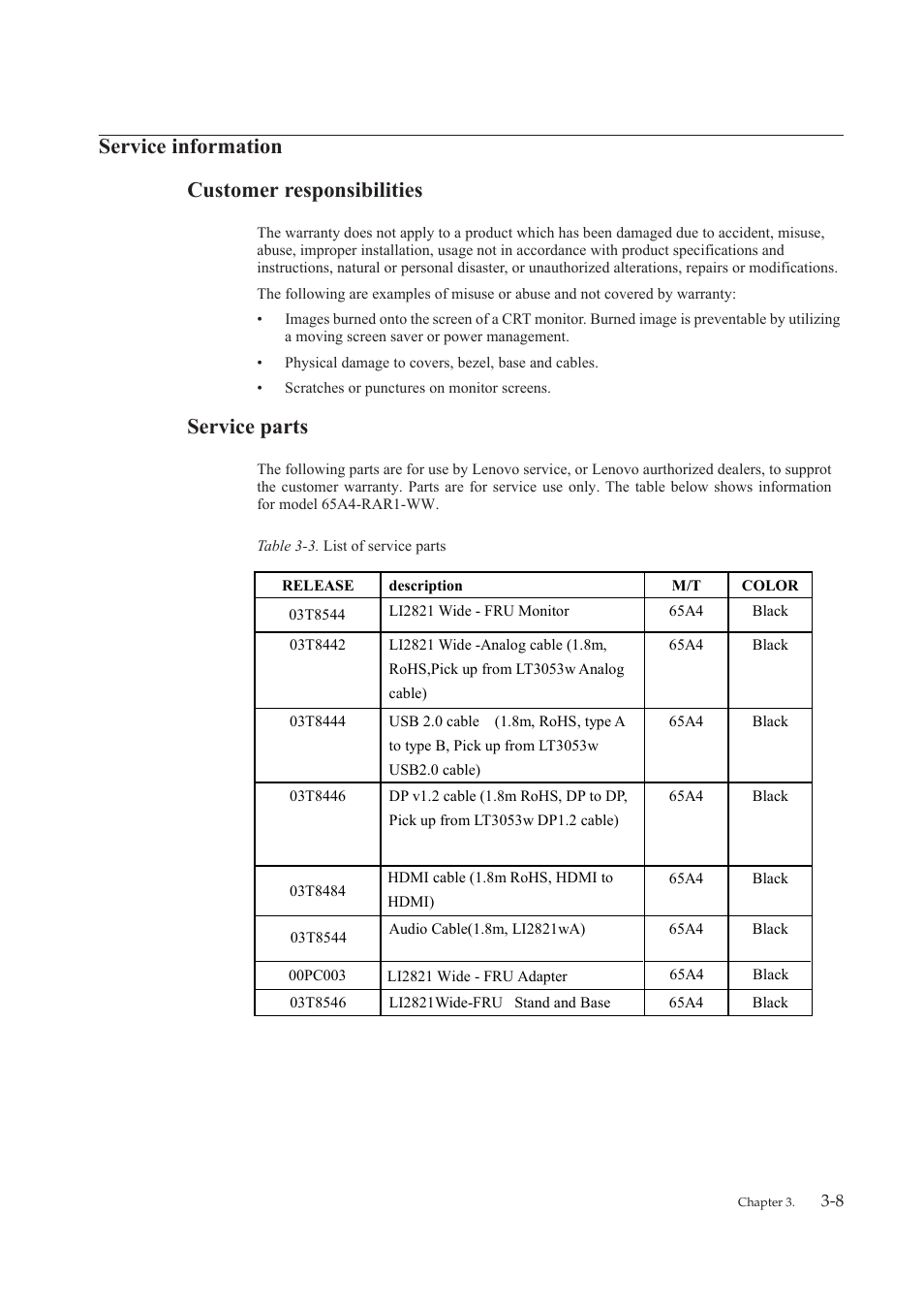 Service information, Customer responsibilities, Service parts | Customer responsibilities -8 service parts -8, Service information customer responsibilities | Lenovo LI2821 Wide LCD Monitor User Manual | Page 34 / 40