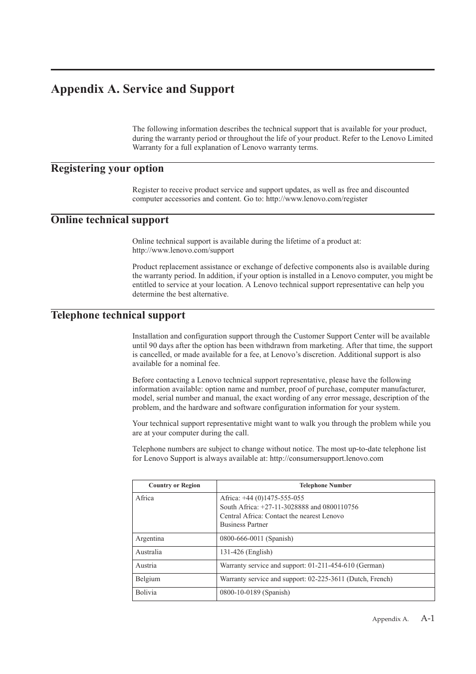 Appendix a. service and support, Registering your option, Online technical support | Telephone technical support | Lenovo LI2821 Wide LCD Monitor User Manual | Page 35 / 40