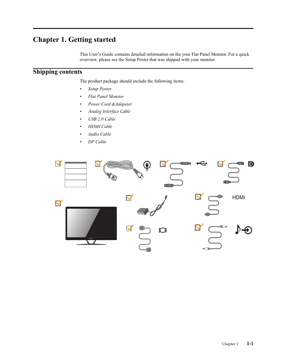 Chapter 1. getting started, Shipping contents, Shipping contents -1 | Lenovo LI2821 Wide LCD Monitor User Manual | Page 5 / 40