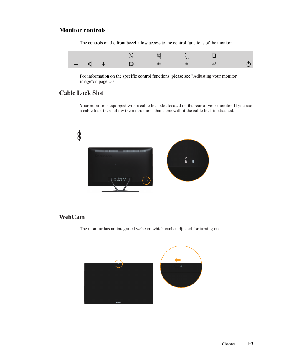 Monitor controls, Cable lock slot, Webcam | Monitor controls -3 | Lenovo LI2821 Wide LCD Monitor User Manual | Page 7 / 40