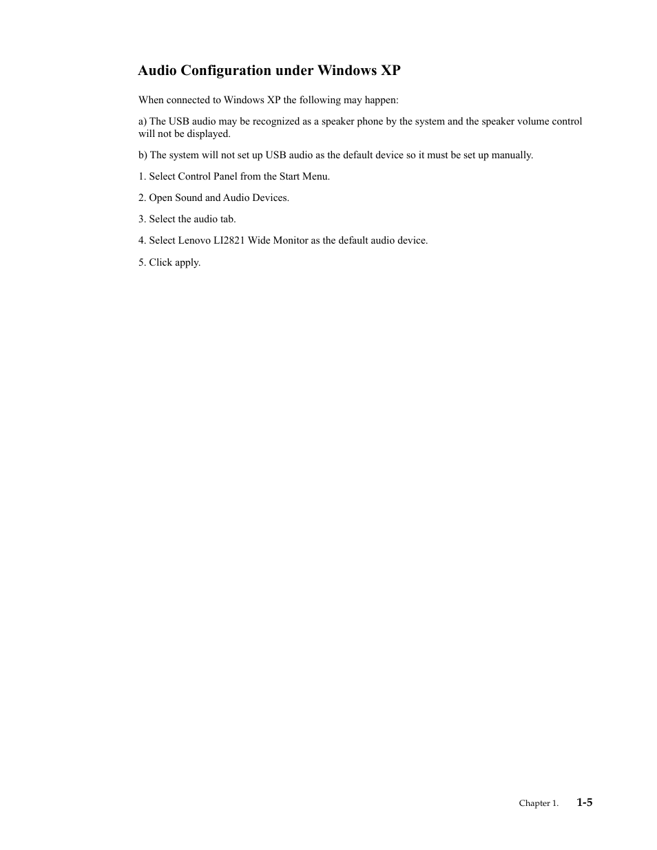 Audio configuration under windows xp, Select control panel from the start menu, Open sound and audio devices | Select the audio tab, Click apply | Lenovo LI2821 Wide LCD Monitor User Manual | Page 9 / 40