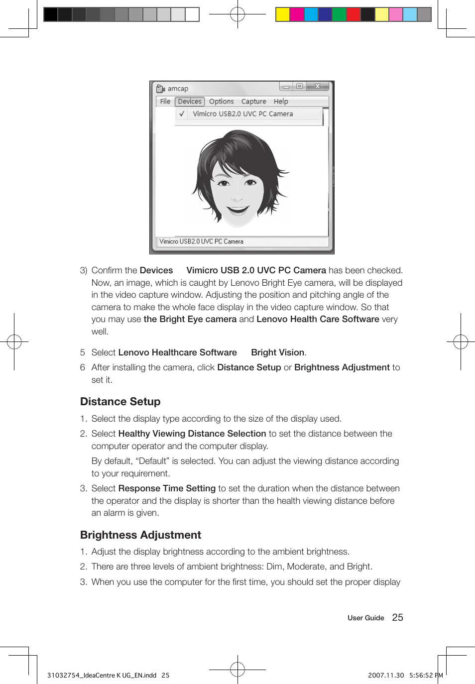Distance setup, Brightness adjustment | Lenovo IdeaCentre K200 User Manual | Page 30 / 39