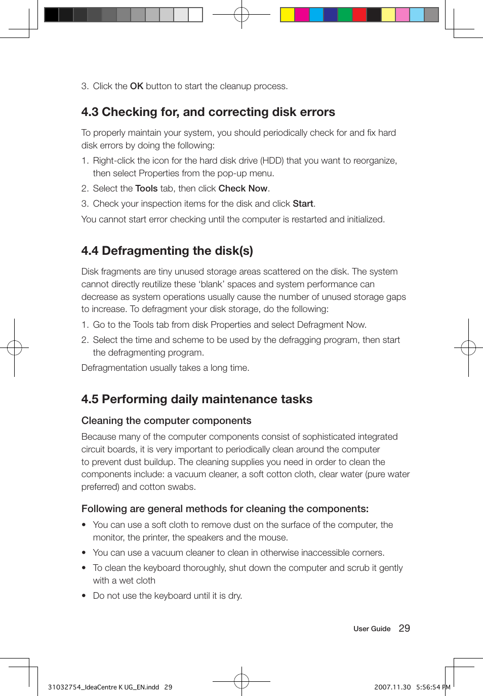 3 checking for, and correcting disk errors, 4 defragmenting the disk(s), 5 performing daily maintenance tasks | Lenovo IdeaCentre K200 User Manual | Page 34 / 39