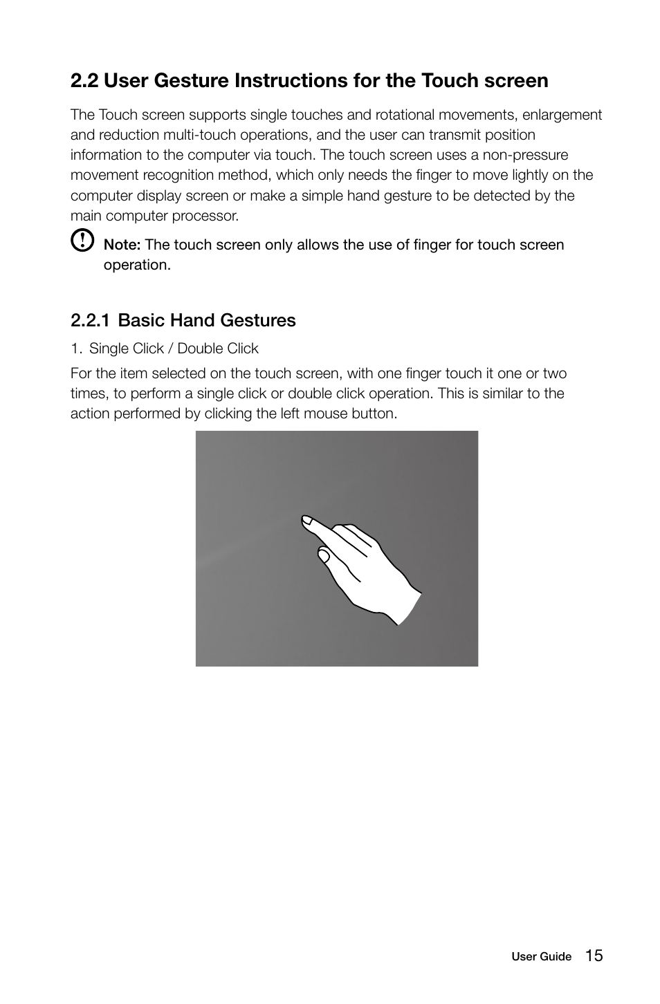2 user gesture instructions for the touch screen, C.c user gesture instructions for the touch screen, 1 basic hand gestures | Lenovo IdeaCentre B520e User Manual | Page 20 / 49