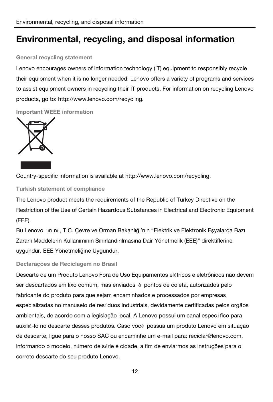 Environmental, recycling, and disposal information | Lenovo A8-50 Tablet User Manual | Page 13 / 21