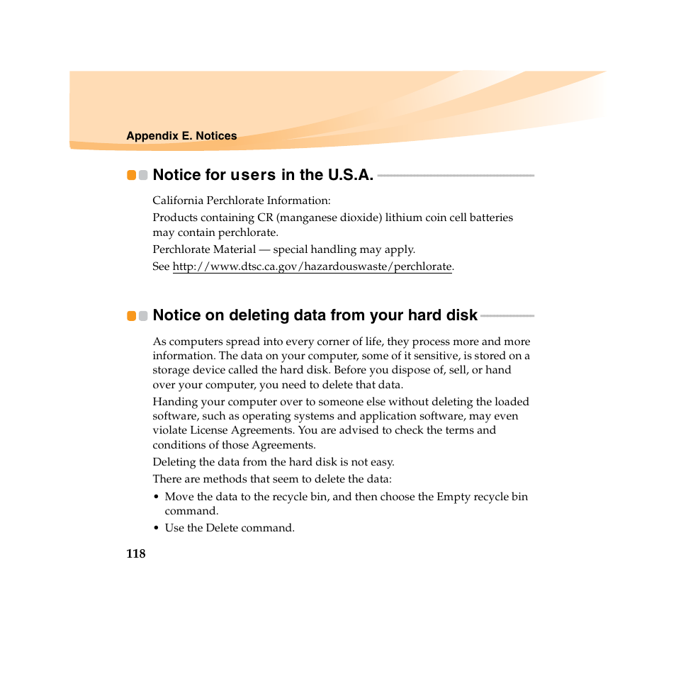 Notice for users in the u.s.a, Notice on deleting data from your hard disk | Lenovo IdeaPad U450 User Manual | Page 132 / 142