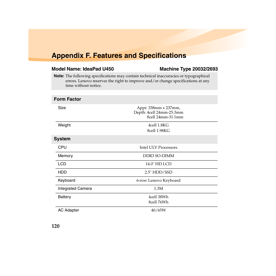 Appendix f. features and specifications | Lenovo IdeaPad U450 User Manual | Page 134 / 142