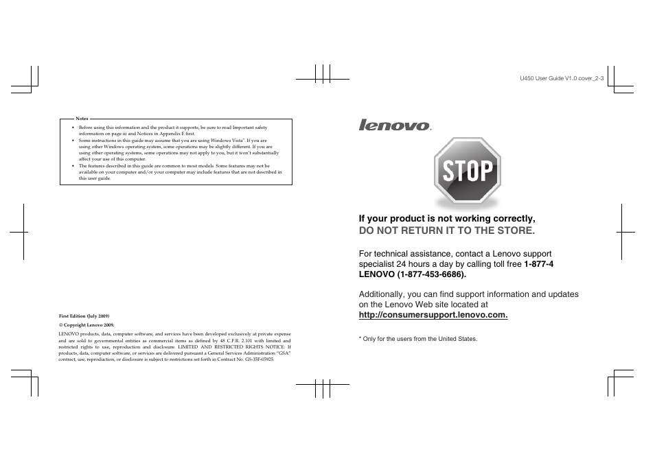 Do not return it to the store, If your product is not working correctly | Lenovo IdeaPad U450 User Manual | Page 2 / 142