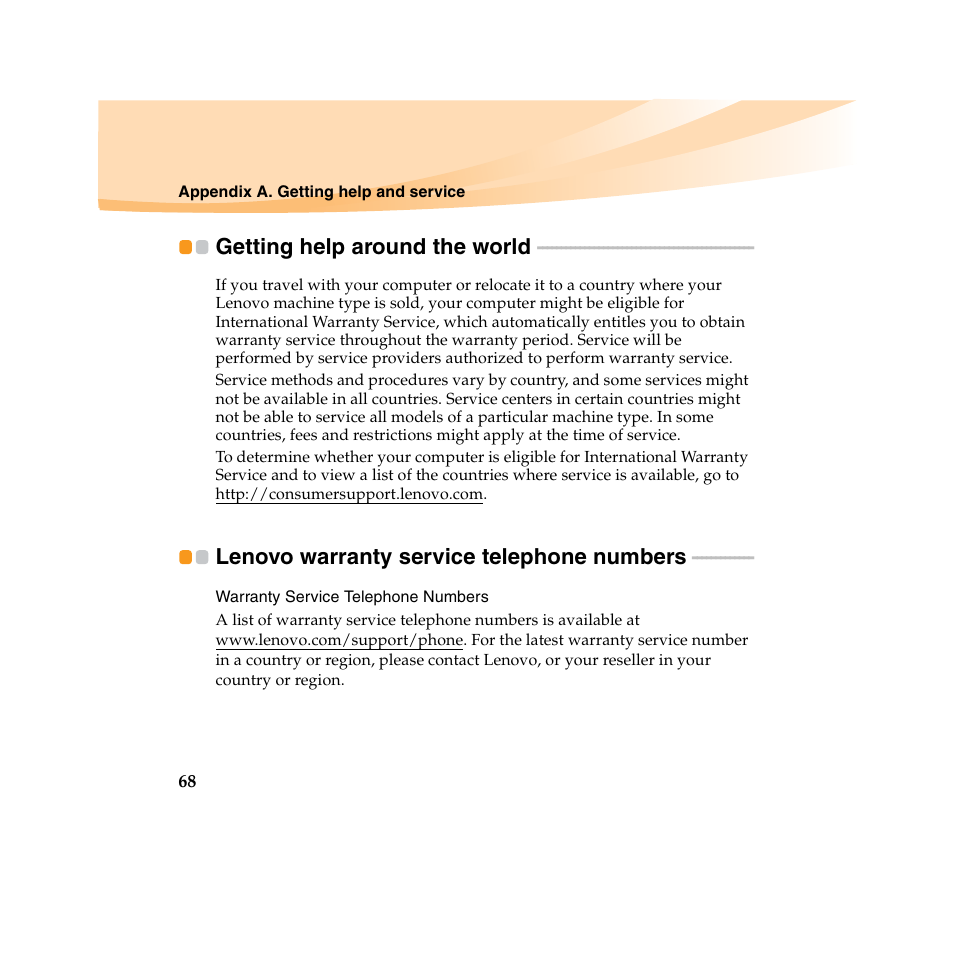 Getting help around the world, Lenovo warranty service telephone numbers | Lenovo IdeaPad U450 User Manual | Page 82 / 142