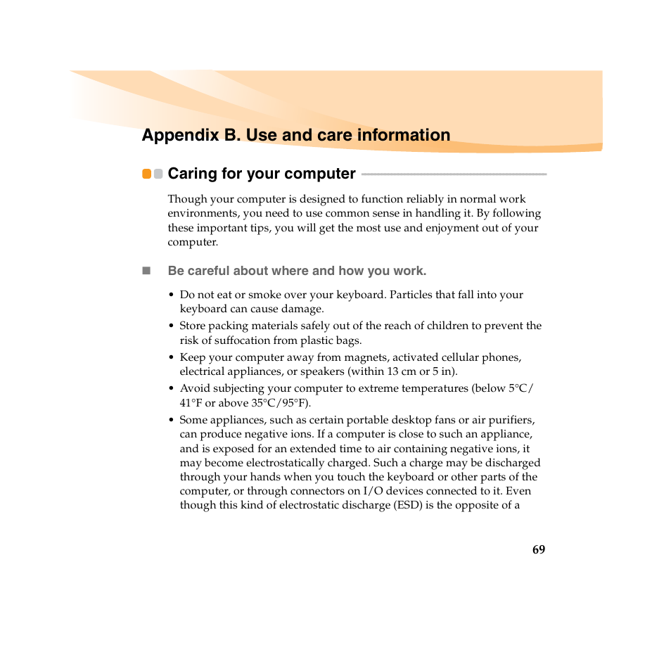 Appendix b. use and care information, Caring for your computer | Lenovo IdeaPad U450 User Manual | Page 83 / 142