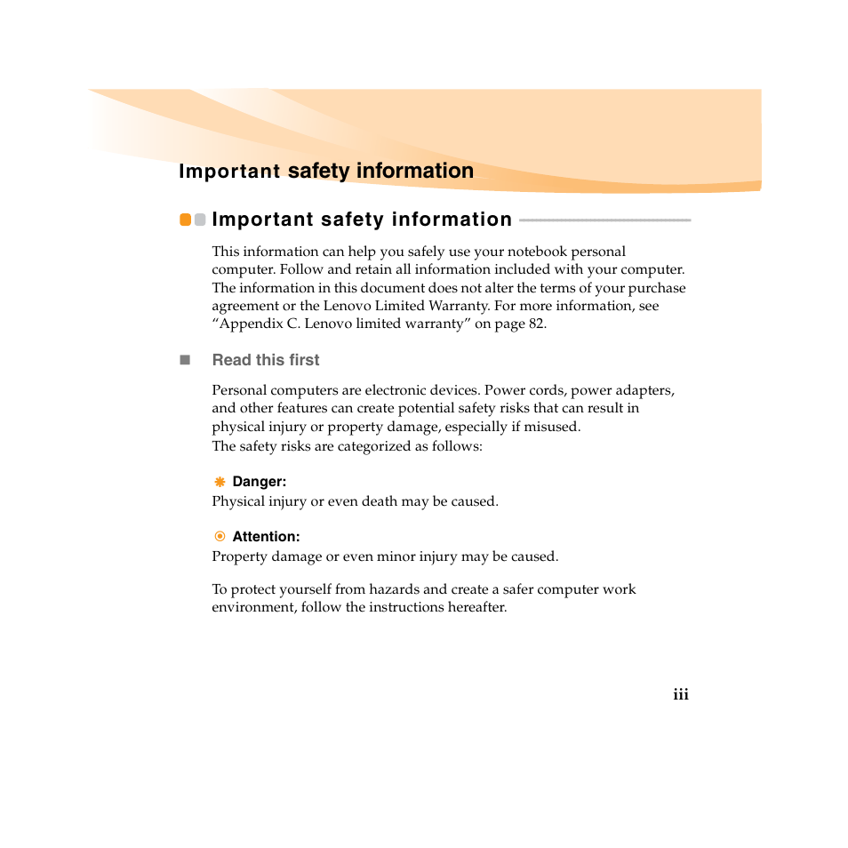 Important safety information, Important safety information...... iii, Important safety information ....iii | Safety information, Important | Lenovo IdeaPad U450 User Manual | Page 9 / 142