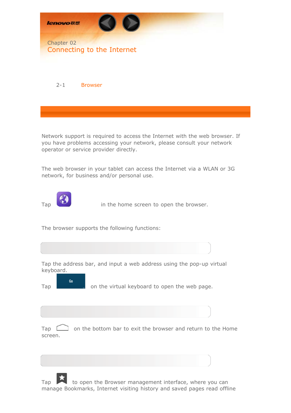 Chapter02, Connecting to the internet | Lenovo Yoga Tablet 10 B8000 User Manual | Page 10 / 27