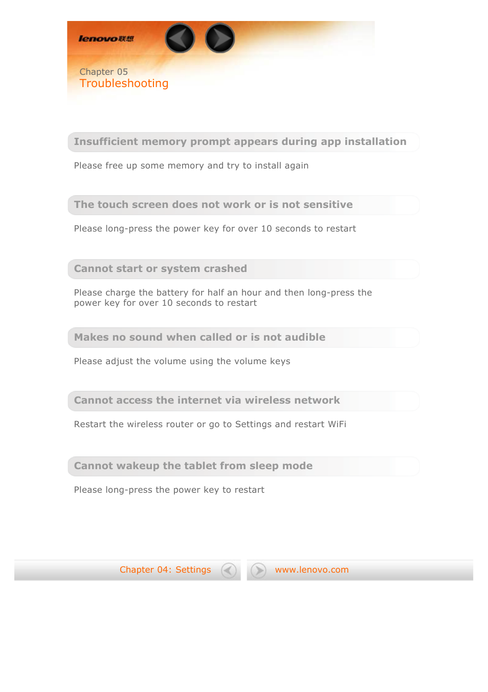 Chapter05, Troubleshooting | Lenovo Yoga Tablet 10 B8000 User Manual | Page 26 / 27