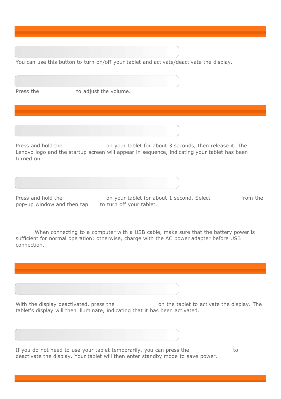 Appearance, Buttons, Turning on/off your tablet | Activating/deactivating the display | Lenovo Yoga Tablet 10 B8000 User Manual | Page 3 / 27