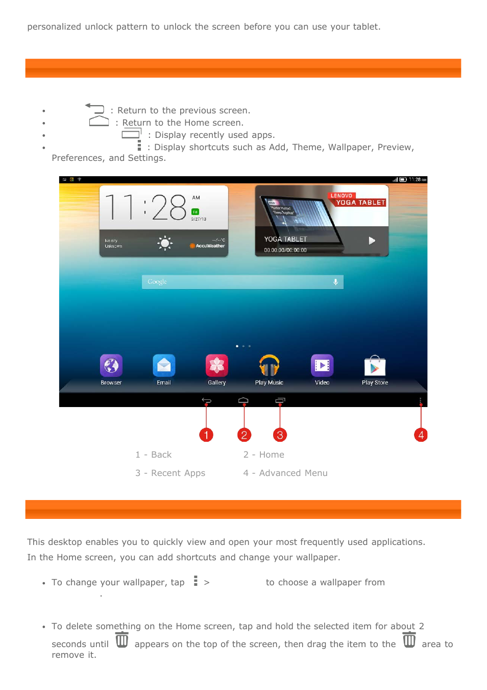 Navigation tips, Home screen | Lenovo Yoga Tablet 10 B8000 User Manual | Page 5 / 27