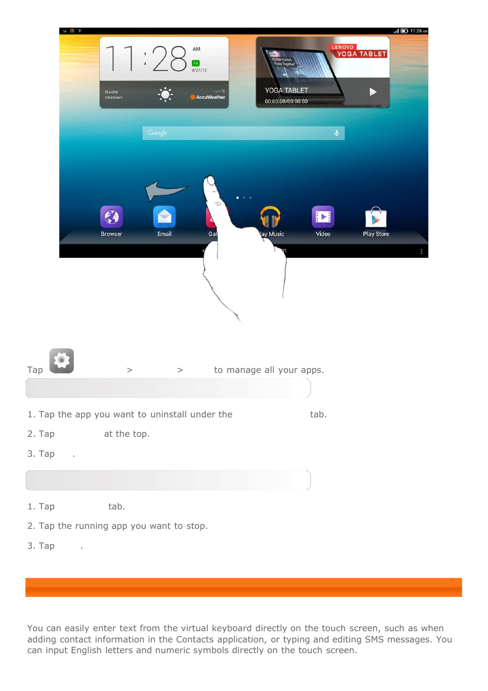 Entering text | Lenovo Yoga Tablet 10 B8000 User Manual | Page 8 / 27