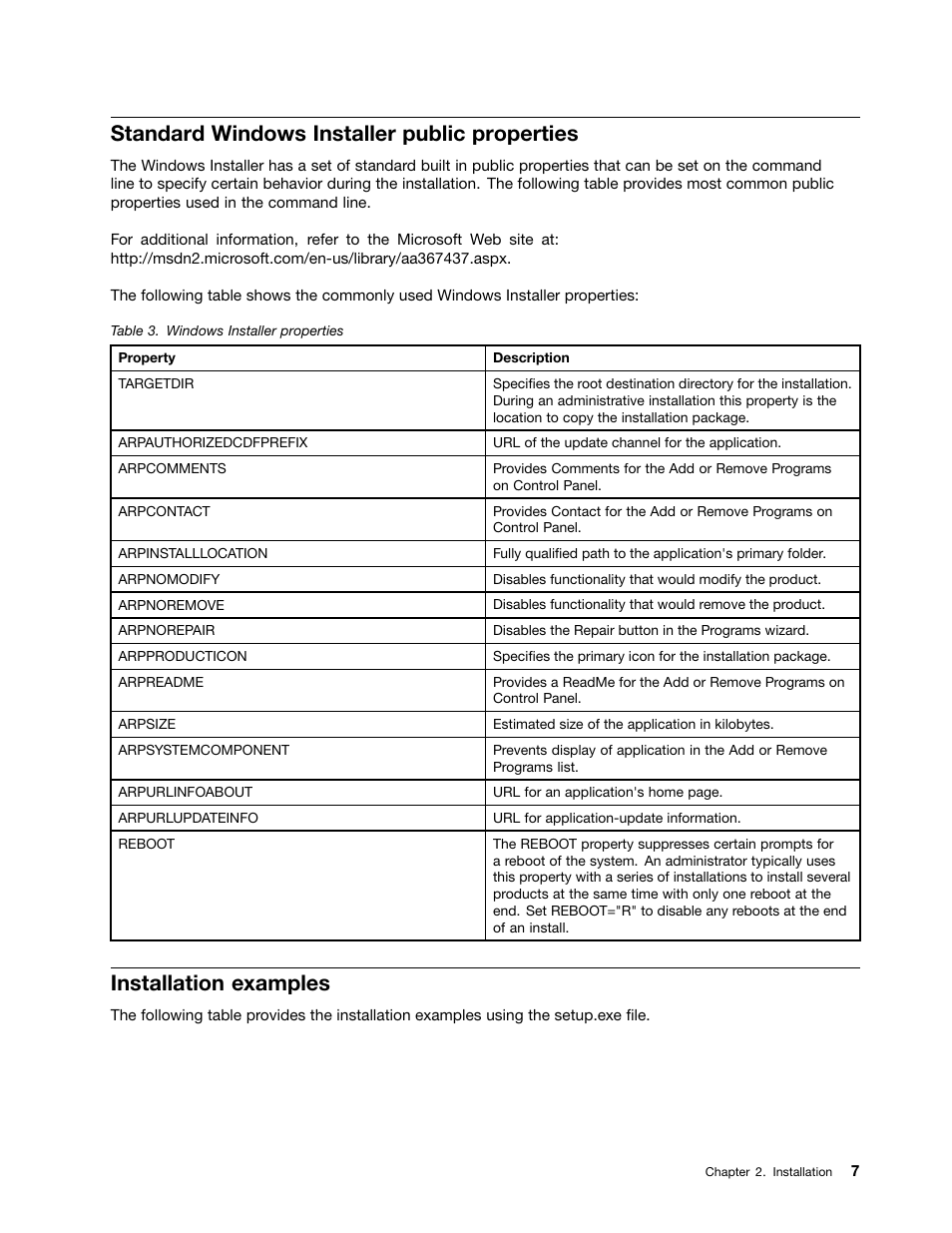 Standard windows installer public properties, Installation examples | Lenovo ThinkCentre A51 User Manual | Page 15 / 44