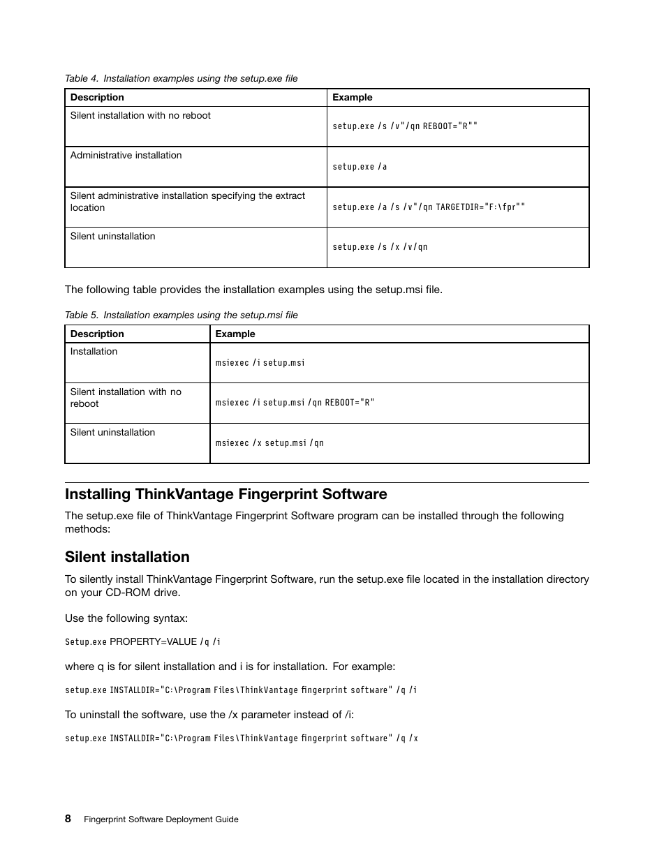 Installing thinkvantage fingerprint software, Silent installation | Lenovo ThinkCentre A51 User Manual | Page 16 / 44