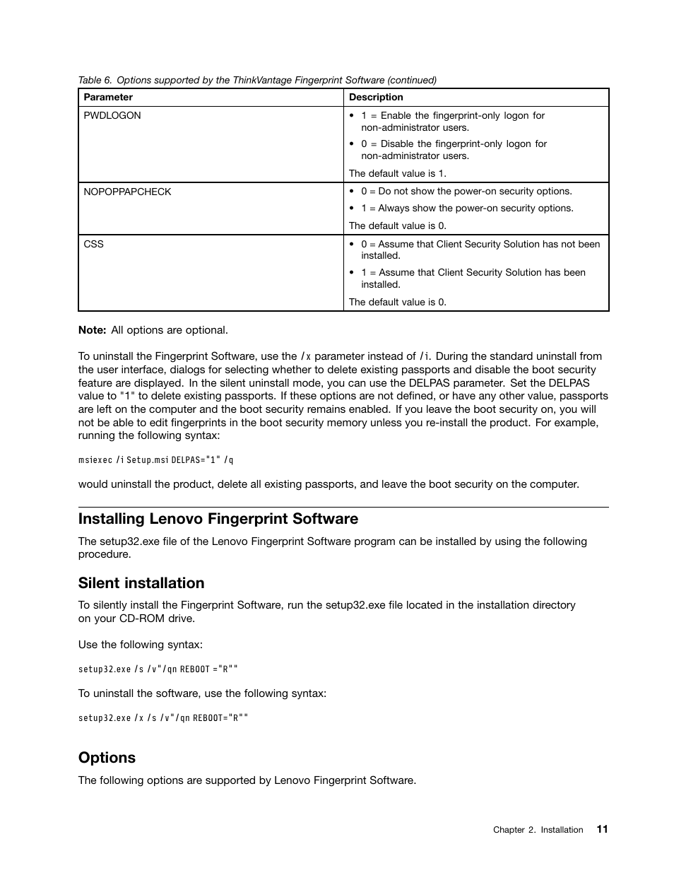 Installing lenovo fingerprint software, Silent installation, Options | Lenovo ThinkCentre A51 User Manual | Page 19 / 44