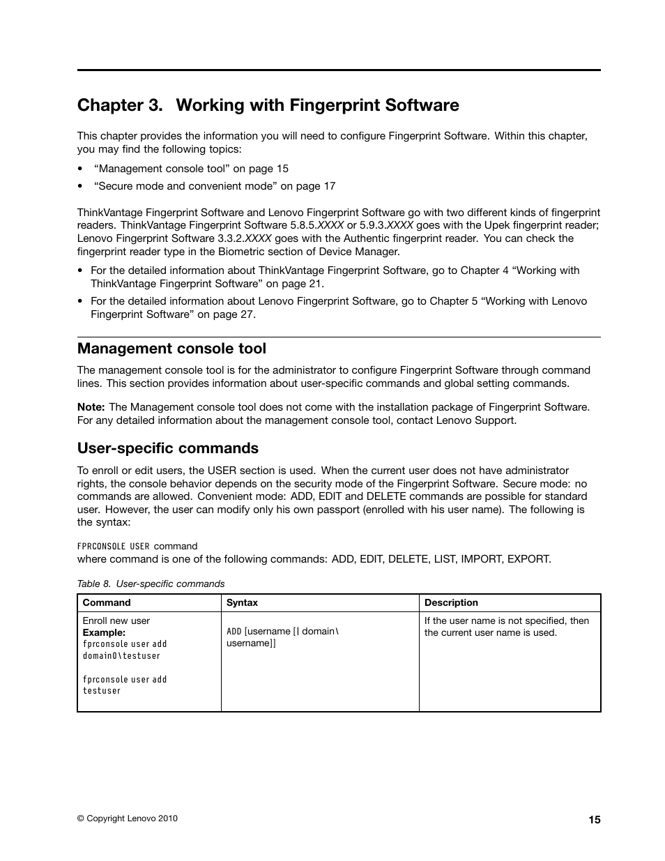 Chapter 3. working with fingerprint software, Management console tool, User-specific commands | Lenovo ThinkCentre A51 User Manual | Page 23 / 44