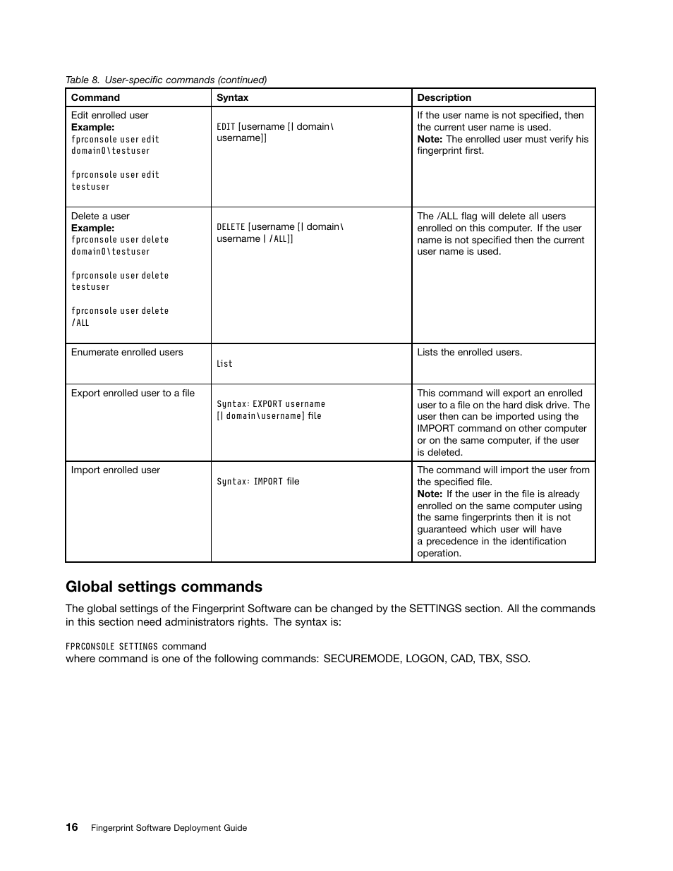 Global settings commands | Lenovo ThinkCentre A51 User Manual | Page 24 / 44